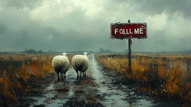 Three sheep walk down a muddy country road toward a red “Follow Me” sign under overcast clouds.