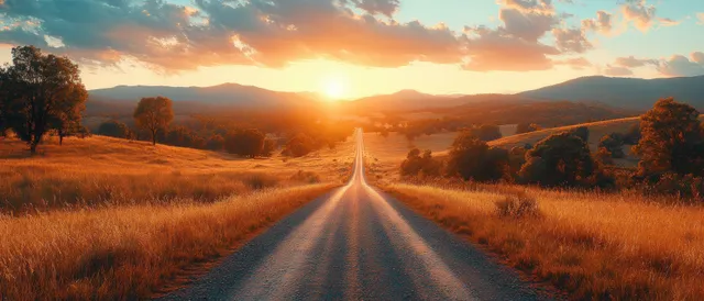 Happy woman driving a car along a scenic countryside road at golden hour