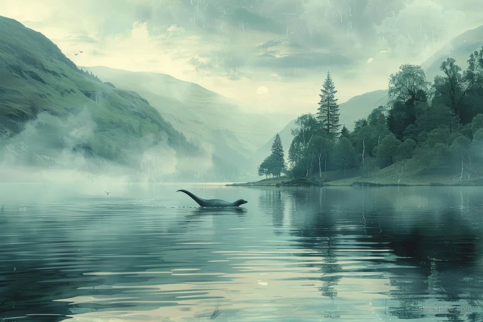 A dark Loch Ness monster silhouette rises from misty lake water in a quiet Highland landscape.