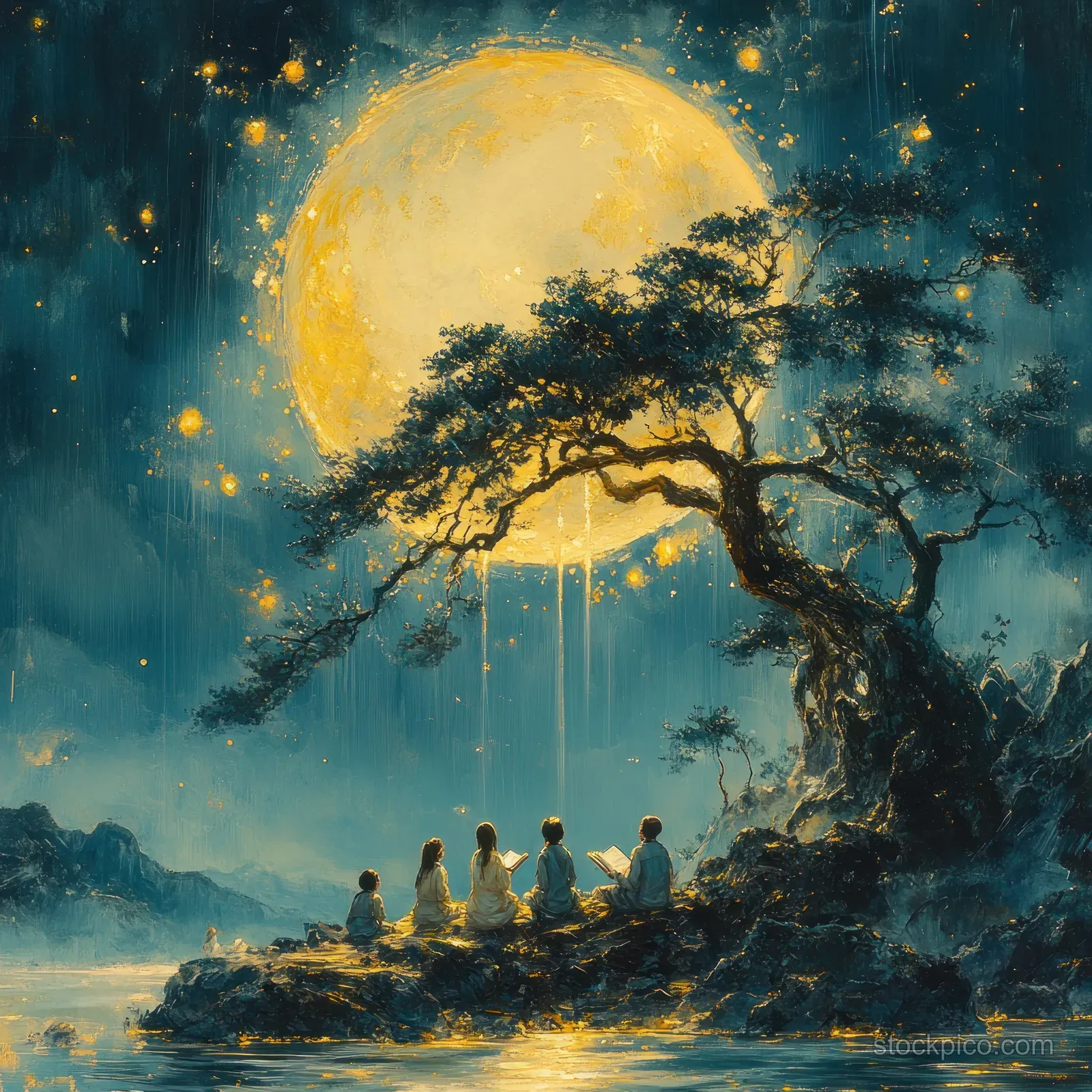 A wise sage reads to children under a sprawling tree as a full moon glows behind them in Japanese ink style.