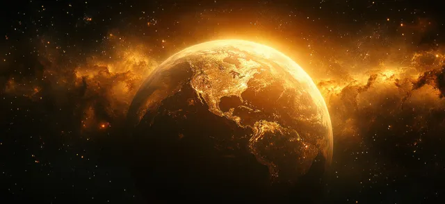 Earth viewed from space with a warm golden glow, luminous clouds, and surrounding stars.