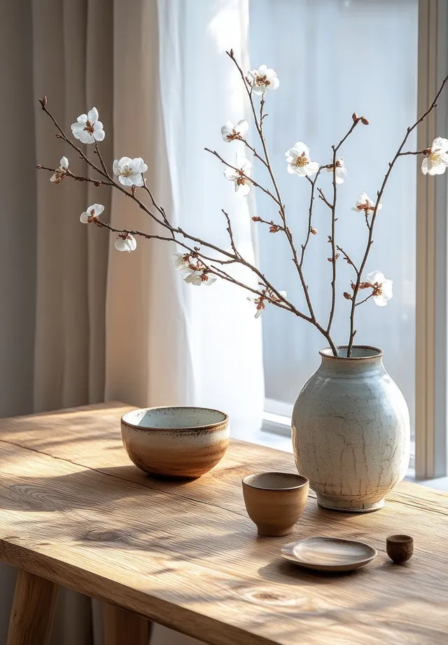 Sunlit Scandinavian table displays ceramic bowls and a white-flower vase beside empty picture frames near a curtain.