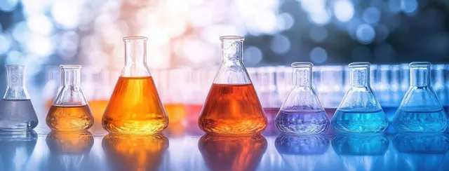 Laboratory flasks filled with orange, blue, and clear liquids sit in a row with reflections on a shiny surface.