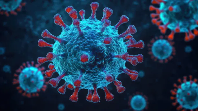 3D coronavirus particle with glowing blue spikes on dark futuristic background