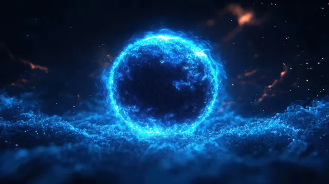 A glowing bright blue energy orb in a dark misty space scene with sparks and electric arcs.