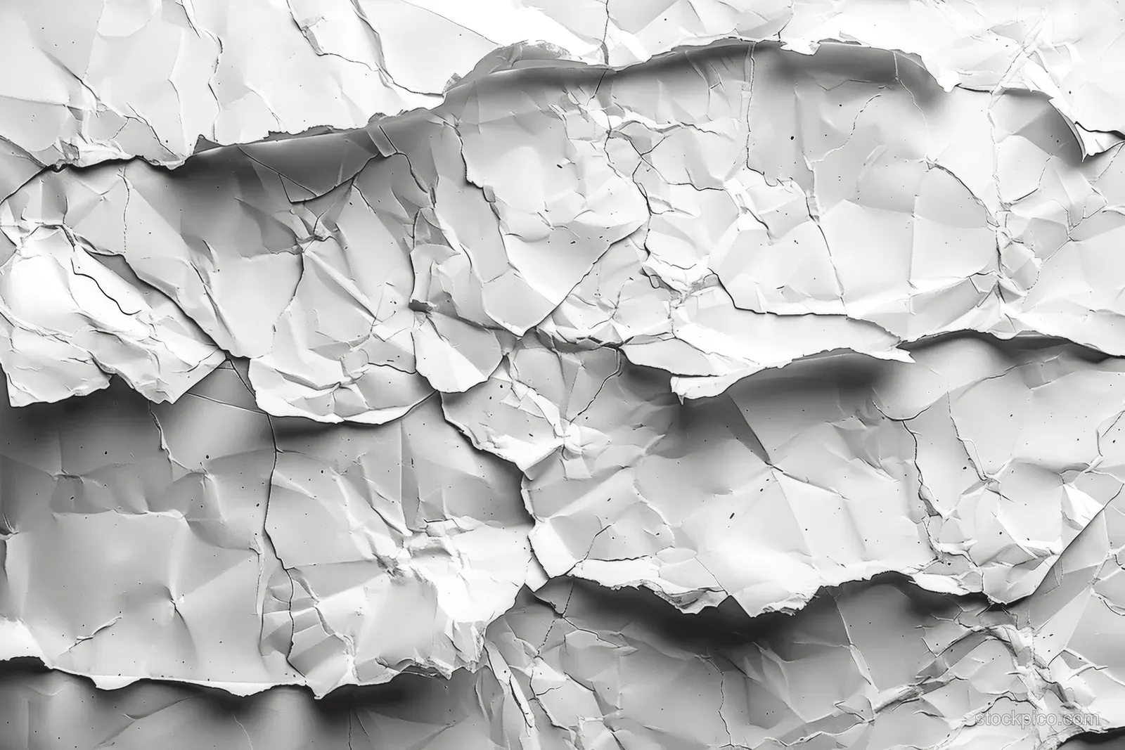Close-up of a cracked white concrete wall with textured grey stone-like surface and deep shadows.