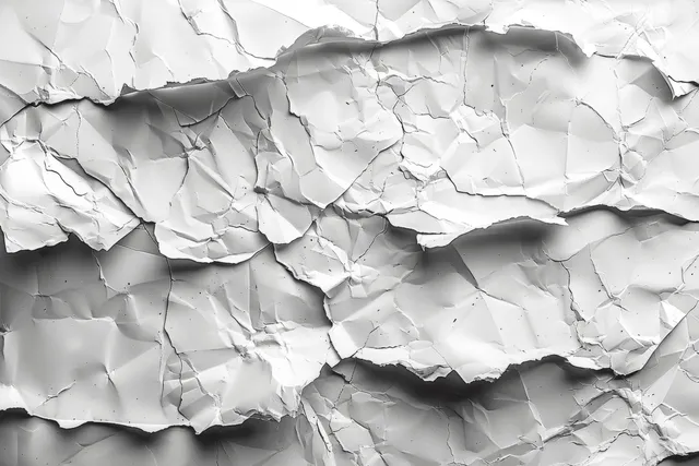 Cracked white concrete wall close-up with textured grey stone-like surface and deep shadows