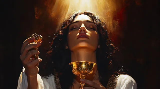 A priest holds a golden Eucharist chalice while candles illuminate the communion setting.
