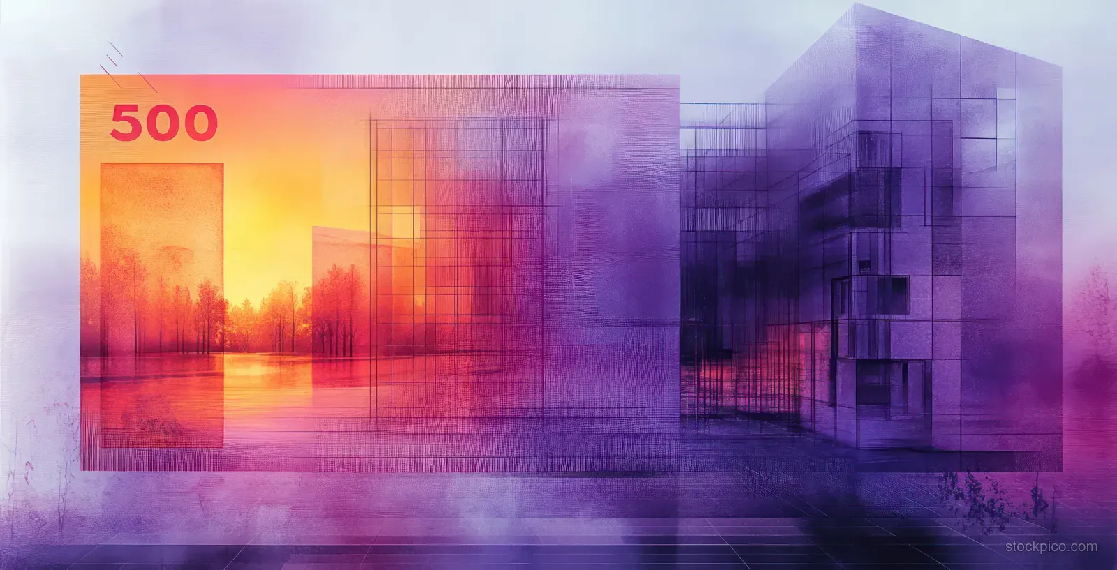 A 500 euro banknote illustrated behind abstract building blocks with purple sunrise light and city silhouettes.