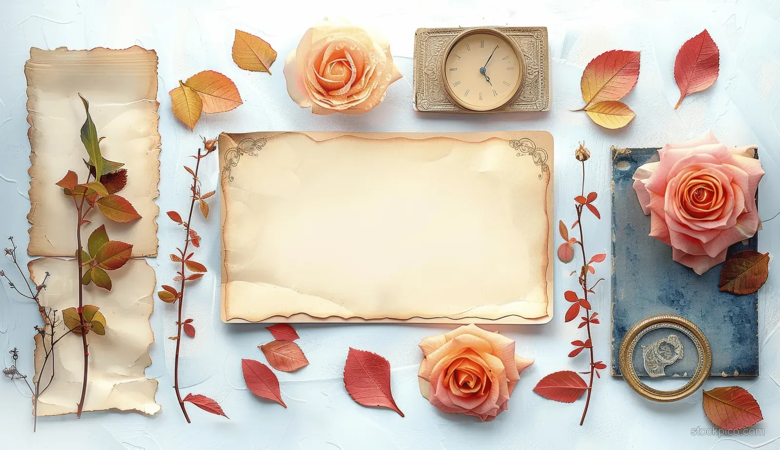 Pink roses, dried leaves, and blank vintage paper arranged on a white background with copy space.