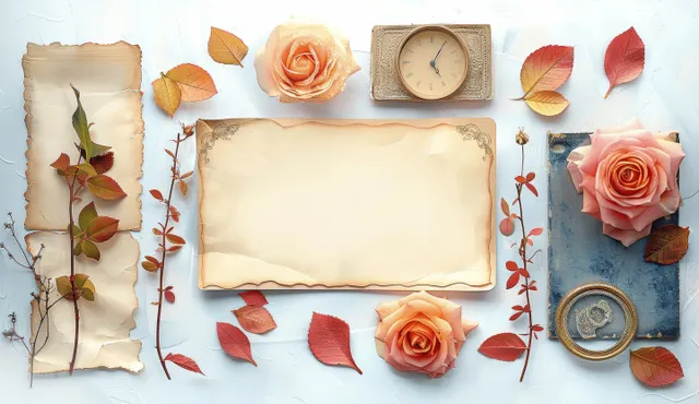 Pink roses and autumn leaves framing blank vintage paper on white