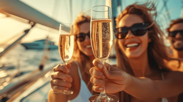 Friends on a yacht raise champagne flutes and smile as the sunlit ocean stretches behind them.