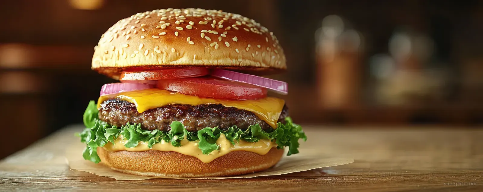 Double cheeseburger with lettuce, tomato, onion, and melted cheese on a rustic wooden table under warm lighting.