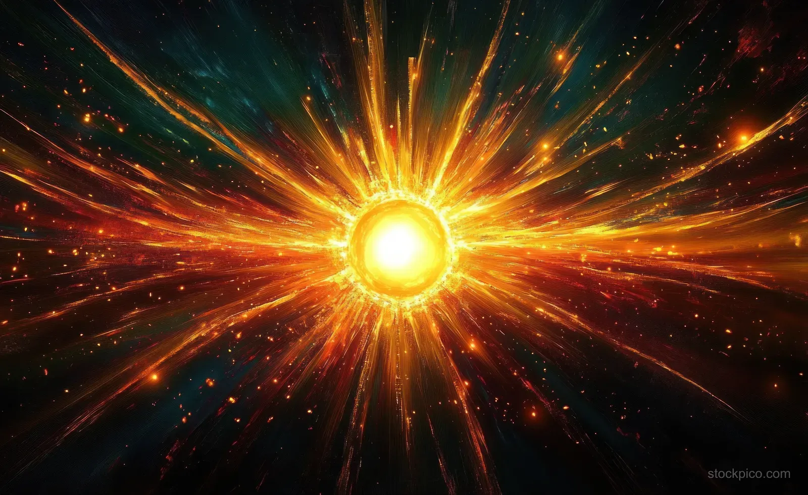A glowing golden light burst radiates outward with fiery streaks and sparkling particles on a dark background.
