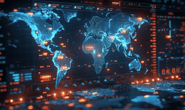 Glowing blue world map with overlaid stock market growth chart and upward trading indicators.