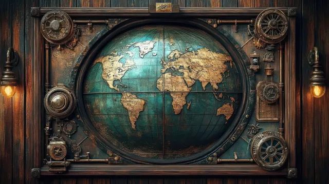 Antique steampunk globe world map embedded in brass gears and pipes beneath warm wall lamps.