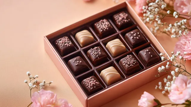 Assorted chocolates in open decorative box with pink flowers on soft pastel background