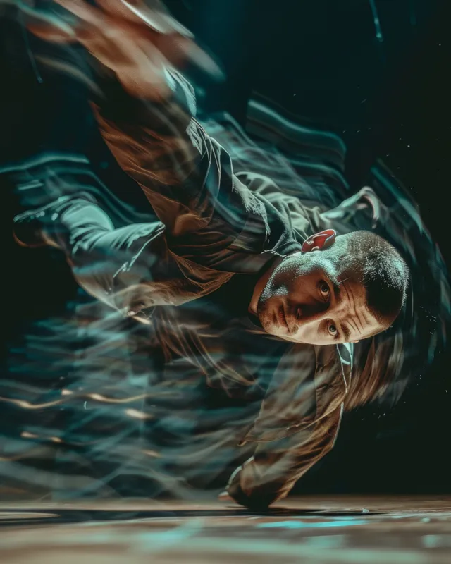 A breakdancer freezes on the floor under blue stage lights, with motion blur around their spinning pose.