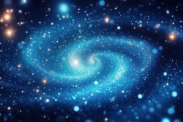 Blue spiral galaxy with glowing stars and cosmic dust swirling across deep dark space