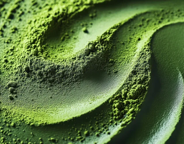 Vivid green powder close-up showing flowing ridges and textured granules with granular shadows.