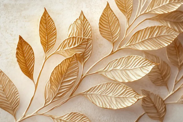 Decorative plate with raised gold leaf relief on a beige textured surface with soft shadows.