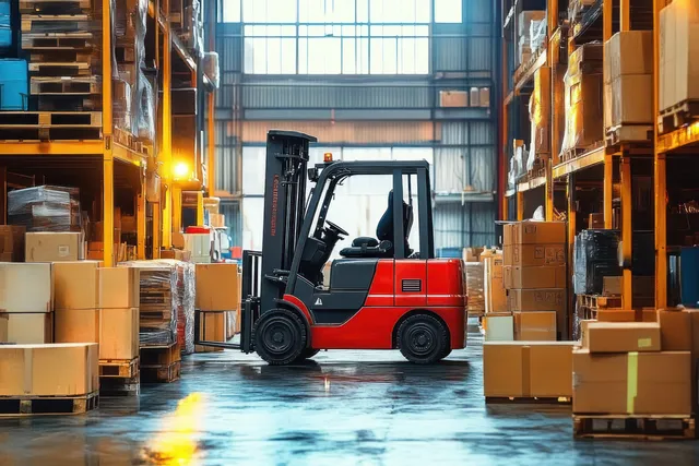 Red forklift parked in a warehouse aisle between tall shelves loaded with cardboard boxes and packages.