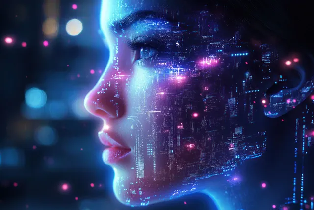 Neon-lit side profile of a female android face with glowing circuitry patterns and floating AI data overlays.