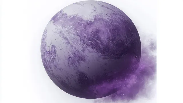 A textured purple planet surrounded by swirling violet cosmic clouds and stardust on a white background.
