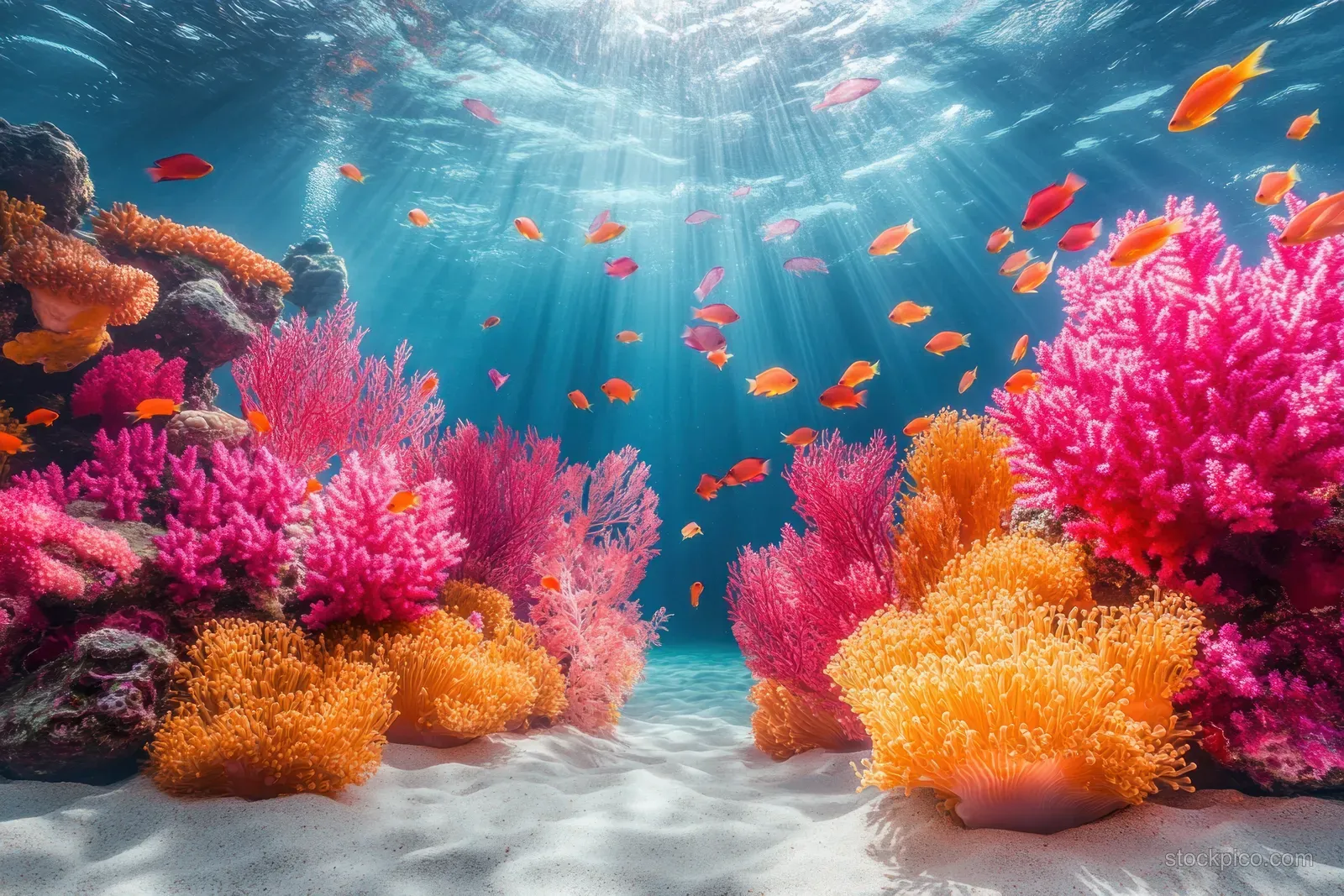 Bright coral reef with pink and orange coral clusters and small fish swimming through blue clear water.