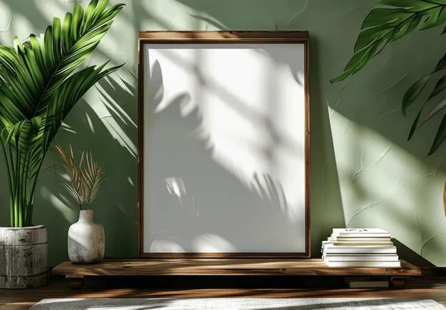 A wooden photo frame mockup sits on a table beside tropical leaves and stacked books in a sunlit minimalist room.
