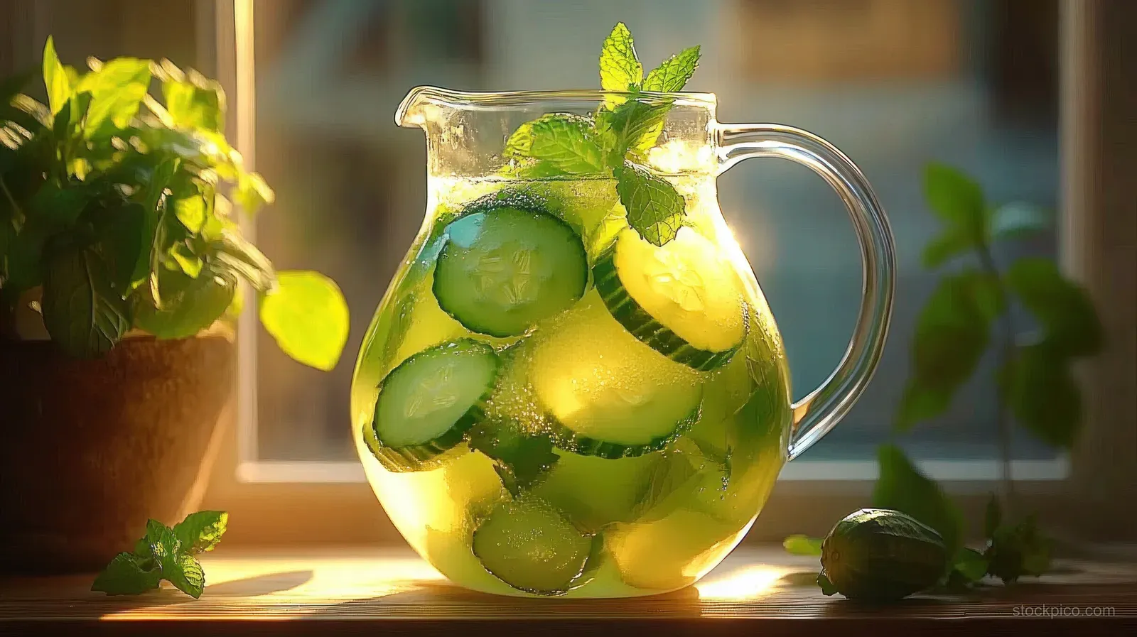 Clear glass pitcher filled with cucumber and lemon water garnished with mint leaves on a sunlit windowsill.