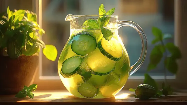 Glass pitcher of cucumber lemon water with mint leaves on a sunlit windowsill