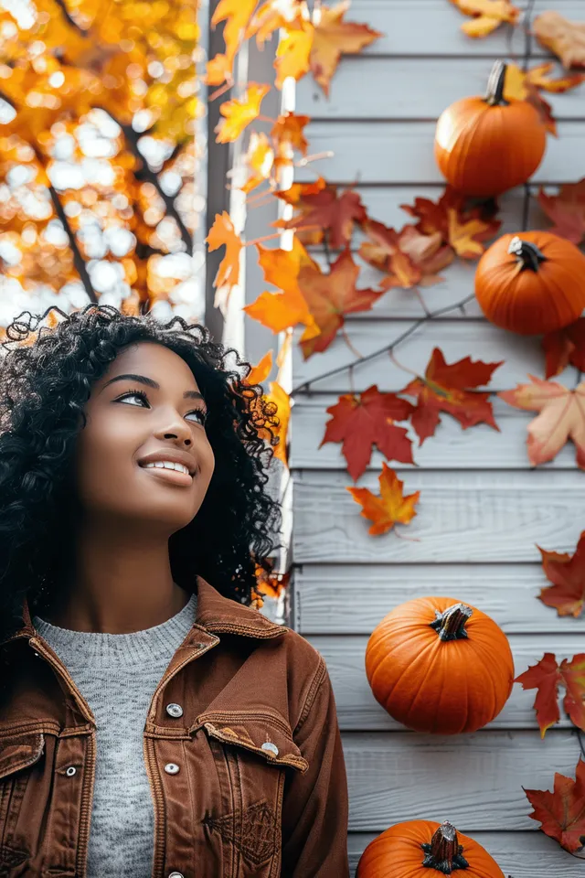 Orange pumpkins and scattered autumn leaves on white wooden planks in a top-down flat lay with empty space.