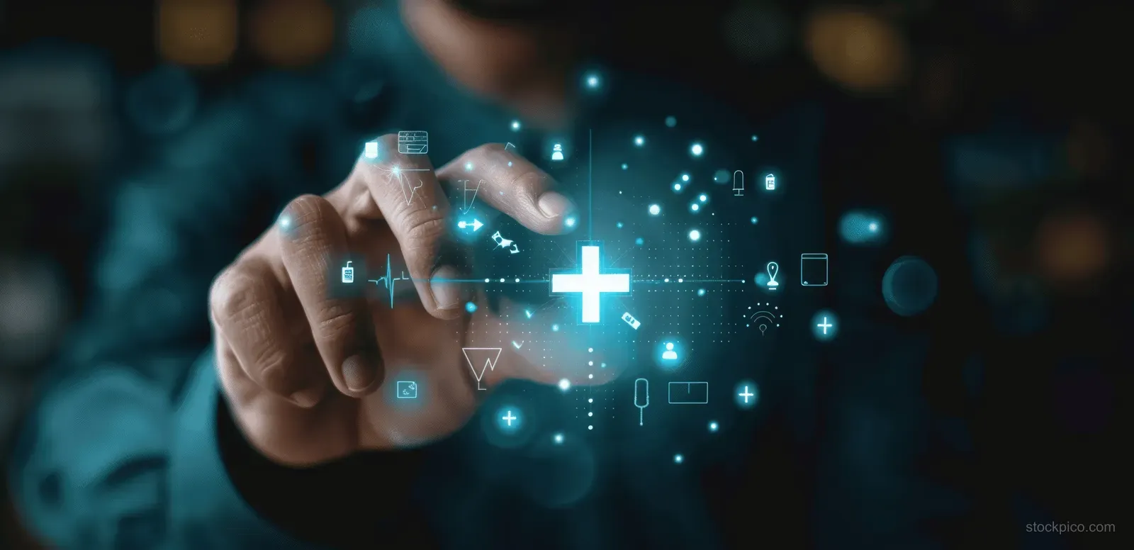 A businessman taps a glowing plus sign over a dark digital finance dashboard with data icons around it.