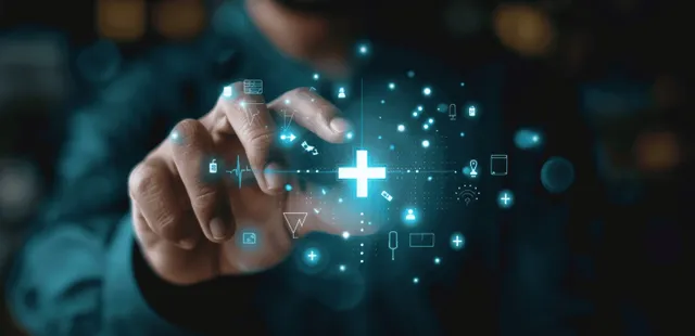 Businessman tapping a glowing plus sign over digital finance dashboard for growth strategy