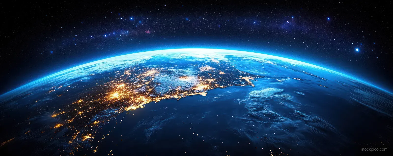 Curved Earth at night from space with glowing city lights over Japan, Korea, and China and stars overhead.