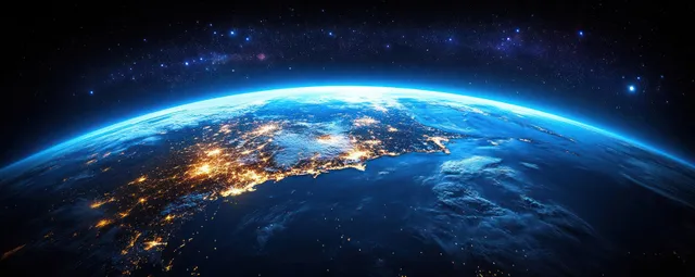 Curved Earth at night from space with glowing city lights over Japan, Korea, and China and stars overhead.