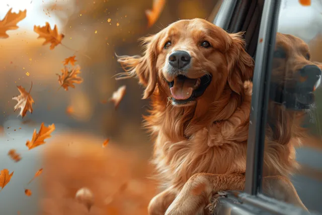 Golden retriever smiling with its head out a car window while orange autumn leaves blow past.