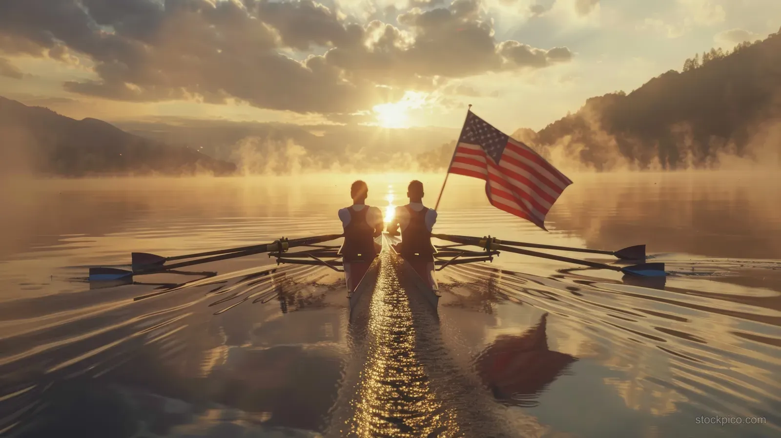 American flag waves on a double scull as two rowers glide across a misty sunrise lake with reflections.