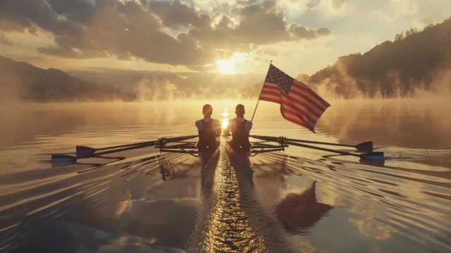 American rowers in double sculls glide at sunrise, oar blades cutting misty lake water