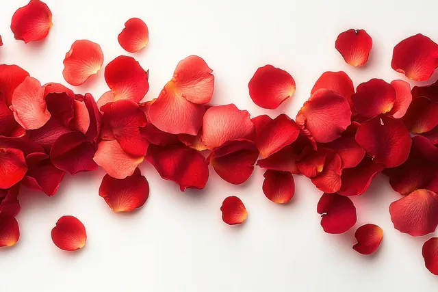 Red rose petals scattered in a heart-like pattern on white background