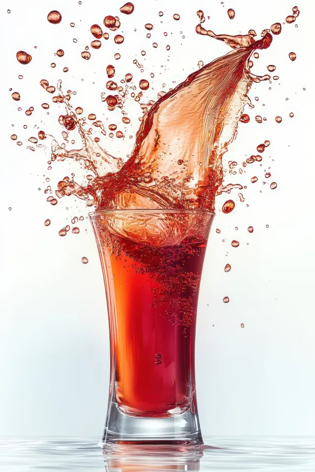 Red cherry juice splash erupts in a tall glass with flying droplets on white