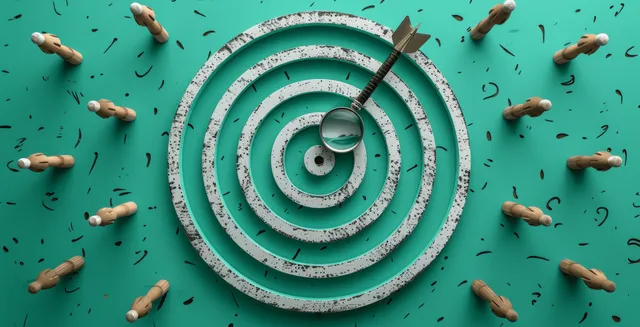 Green dartboard target with small darts surrounding it on teal background