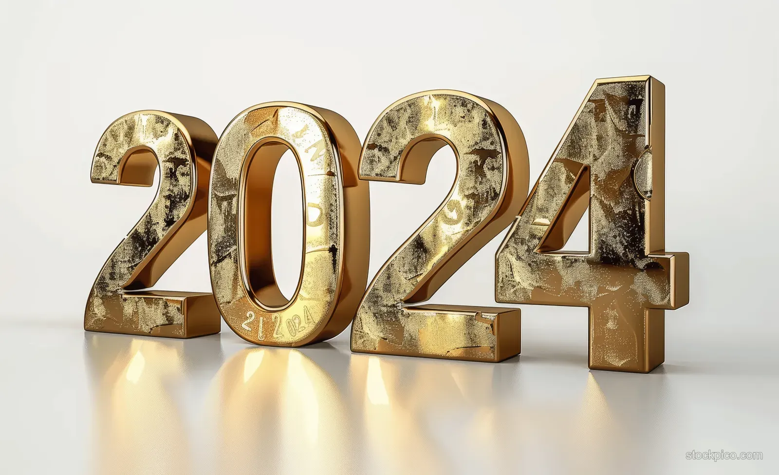 Golden 3D numbers spelling 2024 on a white background with metallic reflections.