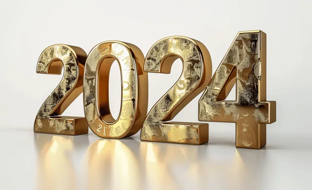 Golden 3D numbers spelling 2024 on a white background with metallic reflections.