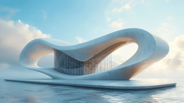 Futuristic minimalist wing-shaped building hovering on reflective water under blue sky