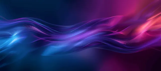 Neon wave lines ripple across a blue and purple glowing gradient abstract background