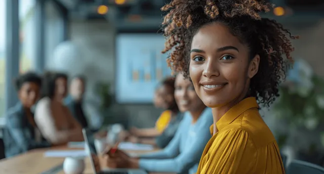 Smiling woman in yellow shirt leading a diverse team meeting at an office conference table