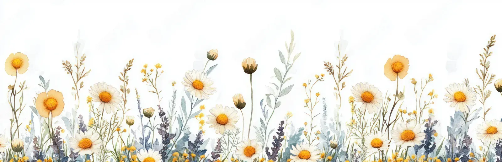 Watercolor border of chamomile and daisy wildflowers with light blue meadow background washes and fine stems.