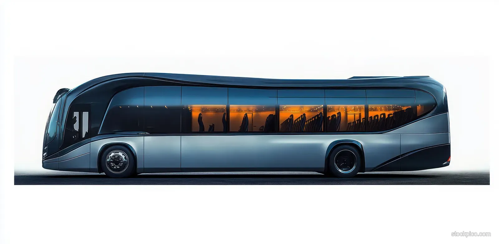 A sleek modern bus with tinted windows glowing with warm interior lights and visible seats.